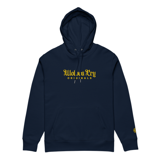 Navy hoodie with yellow text on a white background