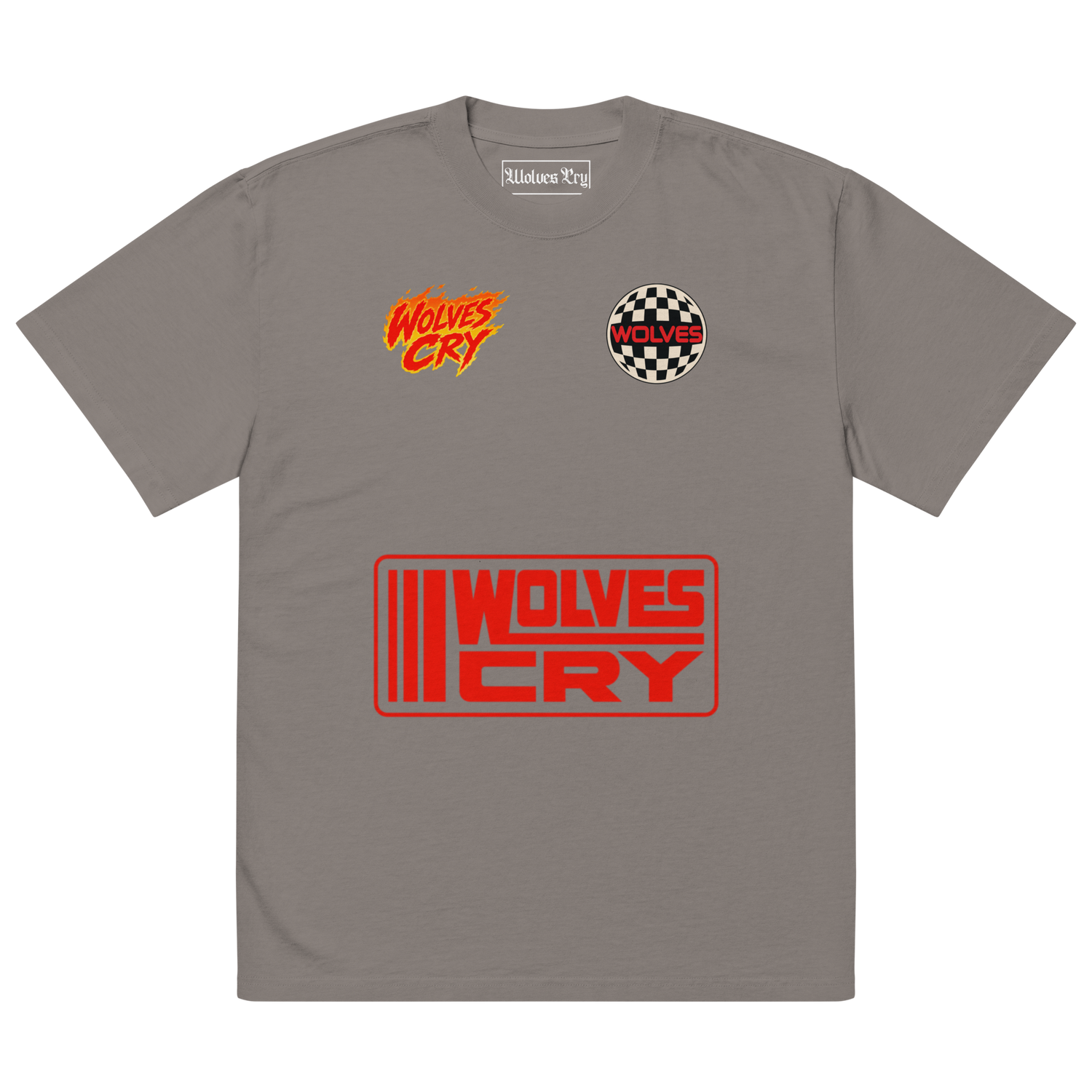 A gray short-sleeve t-shirt with 'Wolves Cry' branding, featuring a red and orange logo on the left chest, a circular checkered logo on the right chest, and a large red and orange rectangular logo on the front.