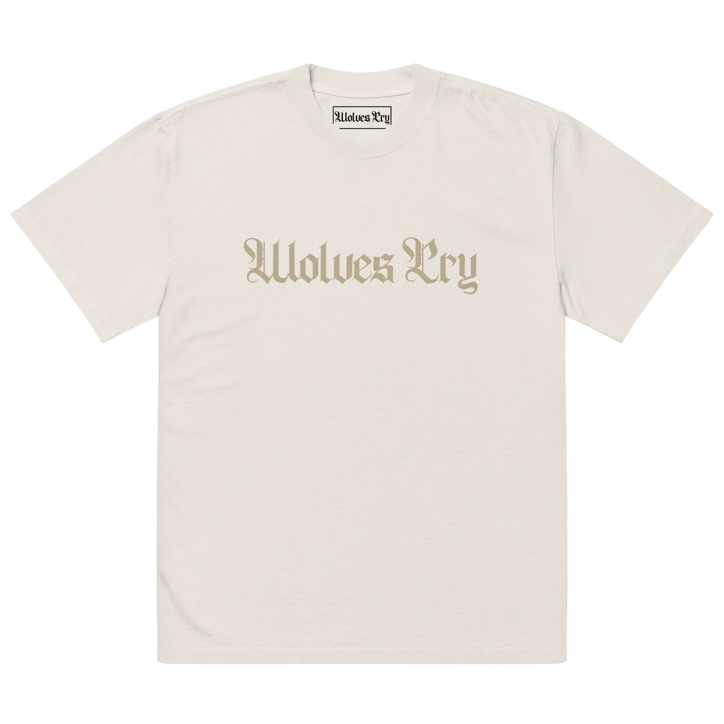 Front view of Wolves Cry Oversized Vintage Wash Tee in bone with off-white camo spell-out logo — neutral streetwear staple with a lived-in finish.
