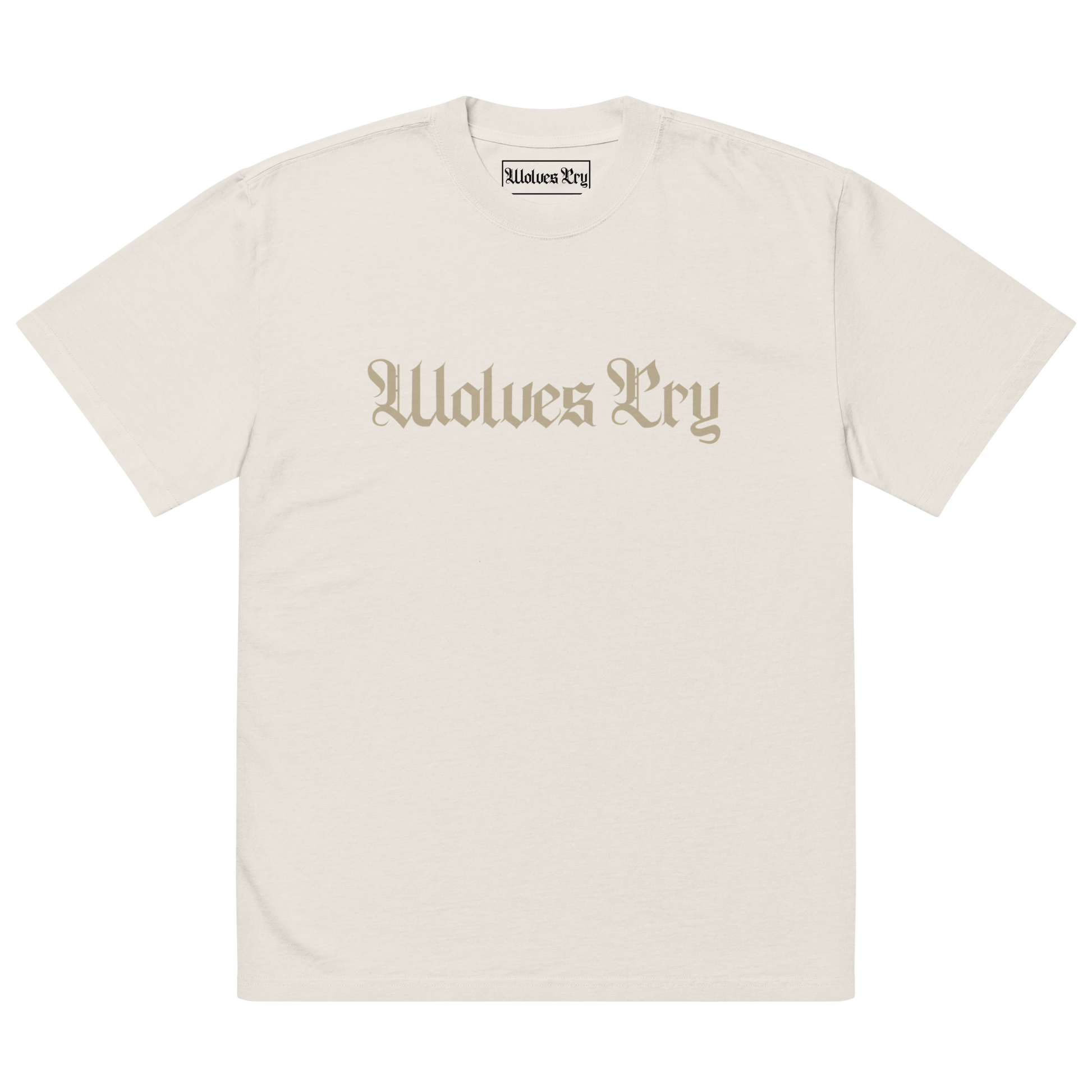 Front view of Wolves Cry Oversized Vintage Wash Tee in bone with off-white camo spell-out logo — neutral streetwear staple with a lived-in finish.