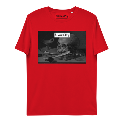 Front view of the Wolves Cry Red Skull Tee featuring a printed graphic design on 100% organic ring-spun cotton, vibrant red color, and a medium fit with set-in sleeves.