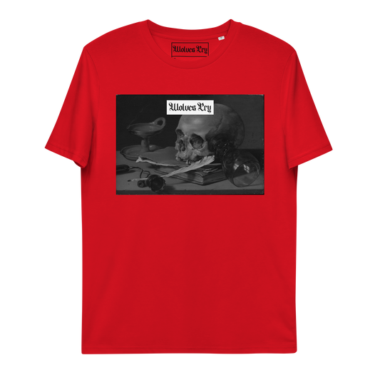 Front view of the Wolves Cry Red Skull Tee featuring a printed graphic design on 100% organic ring-spun cotton, vibrant red color, and a medium fit with set-in sleeves.