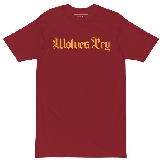 Wolves Cry Originals Seminoles Away Tee mockup in red with gold script logo, heavyweight cotton streetwear essential.
