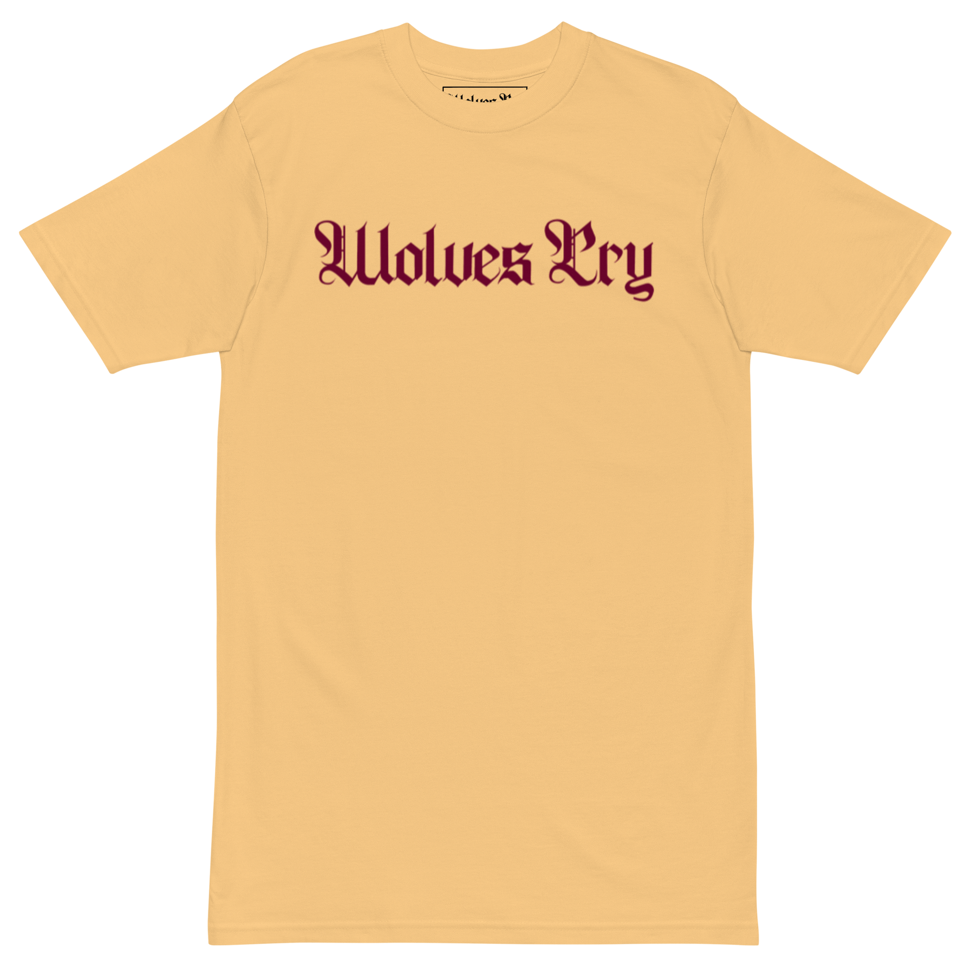 Wolves Cry Originals Seminoles Home Tee mockup in gold with maroon script logo, streetwear staple built from 100% cotton.