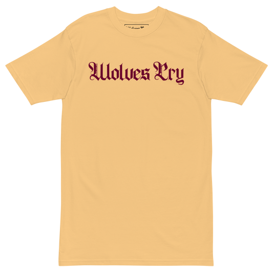 Wolves Cry Originals Seminoles Home Tee mockup in gold with maroon script logo, streetwear staple built from 100% cotton.