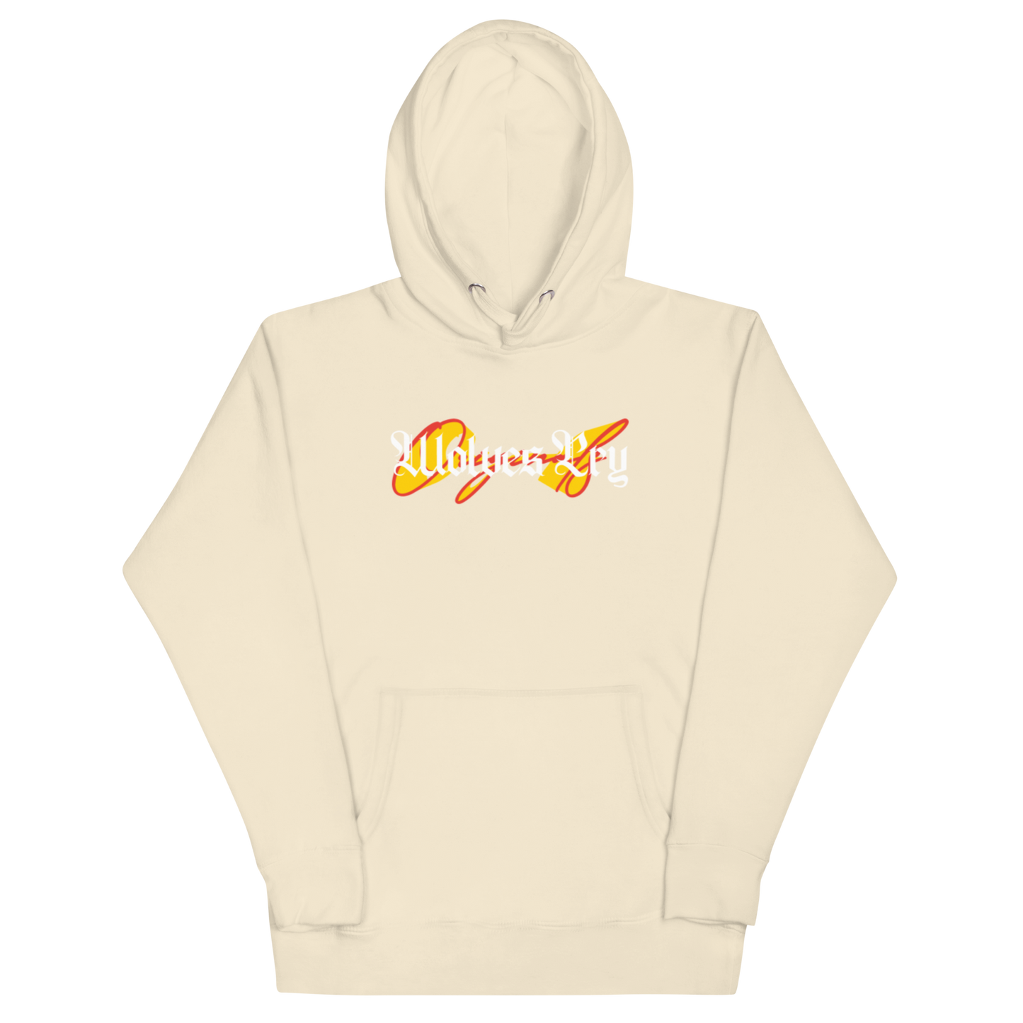 Beige hoodie with colorful graphic design on a white background