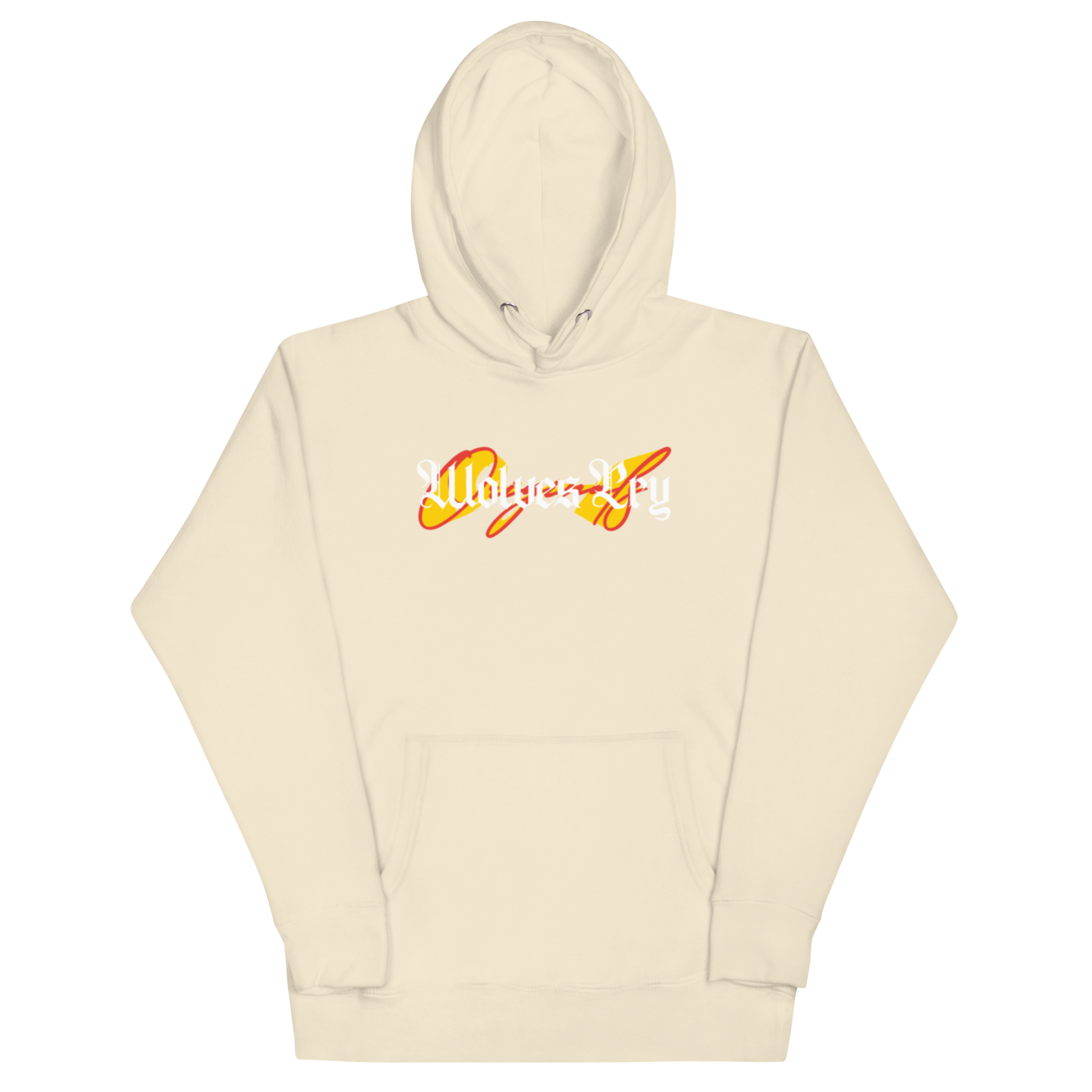 Beige hoodie with colorful graphic design on a white background