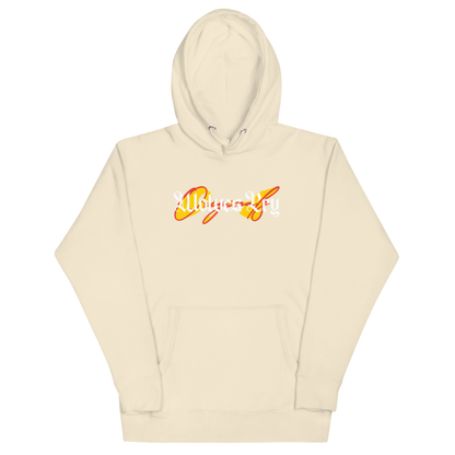 Beige hoodie with colorful graphic design on a white background