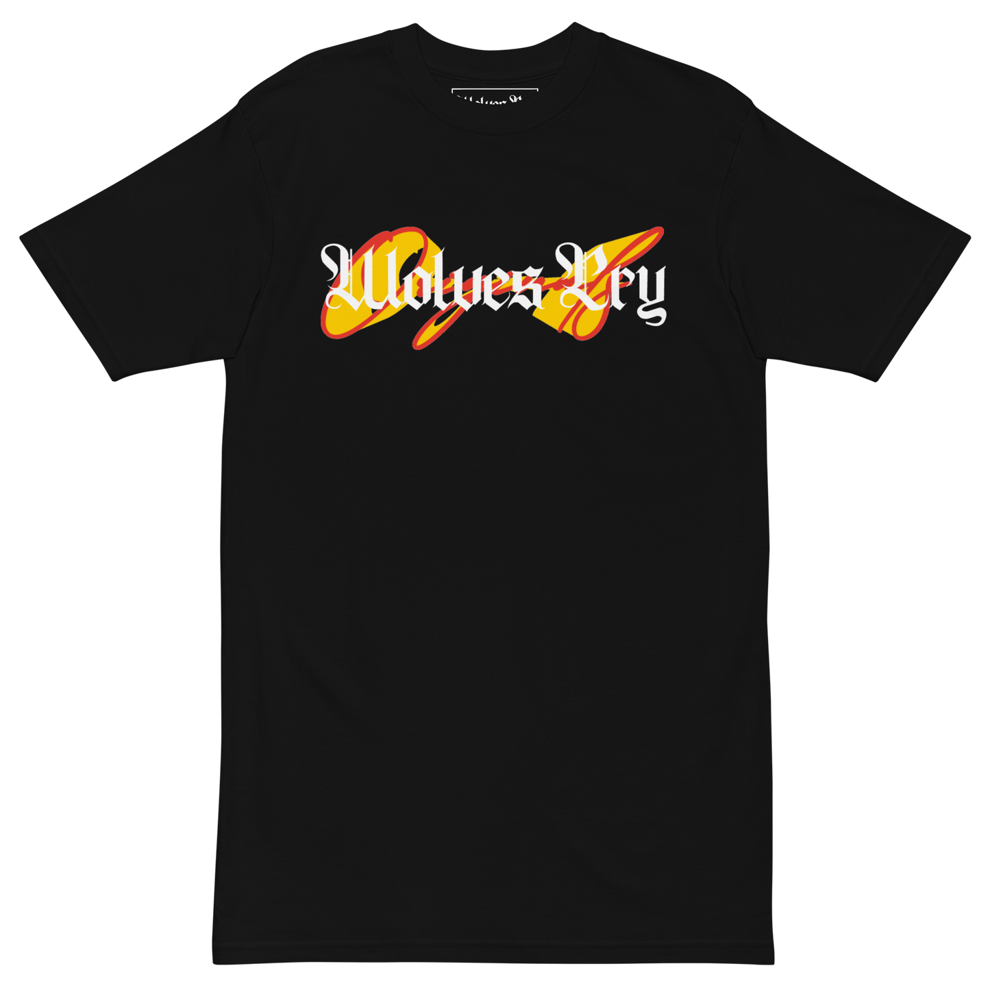 Black t-shirt with 'Wolves Cry' graphic design on a white background