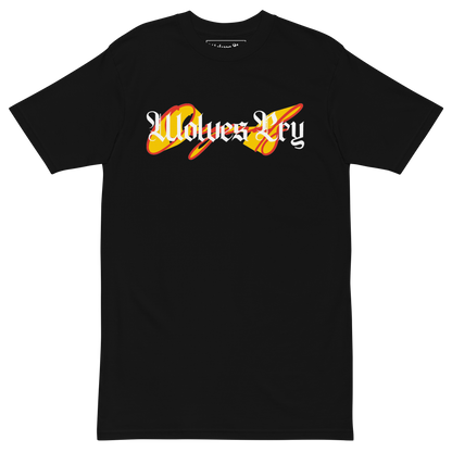 Black t-shirt with 'Wolves Cry' graphic design on a white background