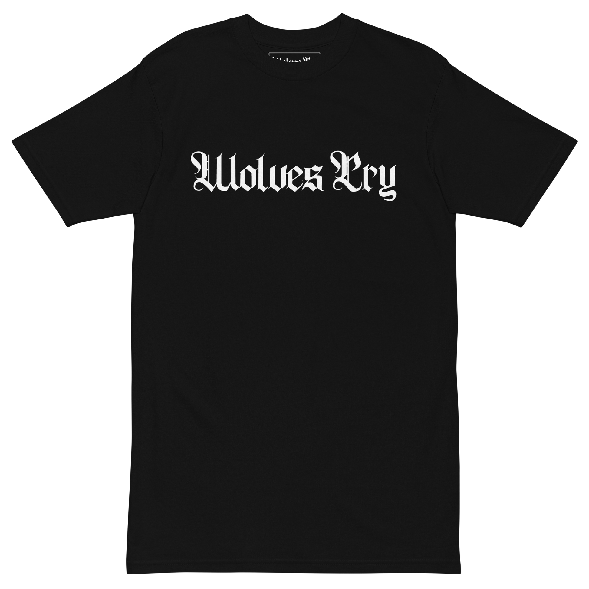 Wolves Cry Originals Spell-Out Tee in black, crafted from 100% combed ring-spun cotton, featuring the iconic Wolves Cry logo in white across the chest for bold streetwear style.