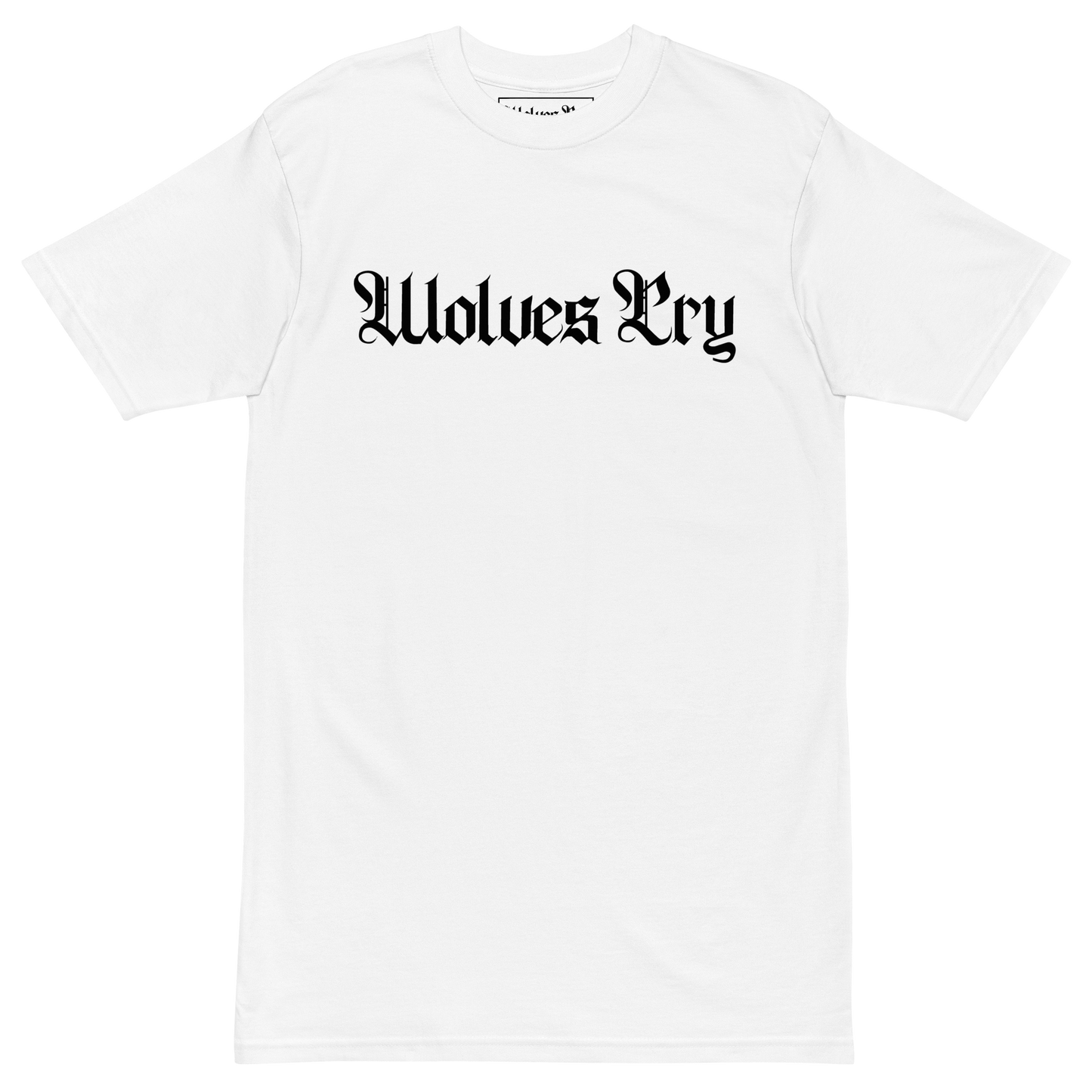 Wolves Cry Originals Spell-Out Tee in white, crafted from 100% combed ring-spun cotton, featuring the bold Wolves Cry logo in black for a sharp, minimalist streetwear look.
