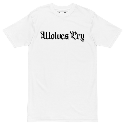 Wolves Cry Originals Spell-Out Tee in white, crafted from 100% combed ring-spun cotton, featuring the bold Wolves Cry logo in black for a sharp, minimalist streetwear look.