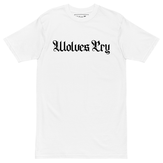 Wolves Cry Originals Spell-Out Tee in white, crafted from 100% combed ring-spun cotton, featuring the bold Wolves Cry logo in black for a sharp, minimalist streetwear look.