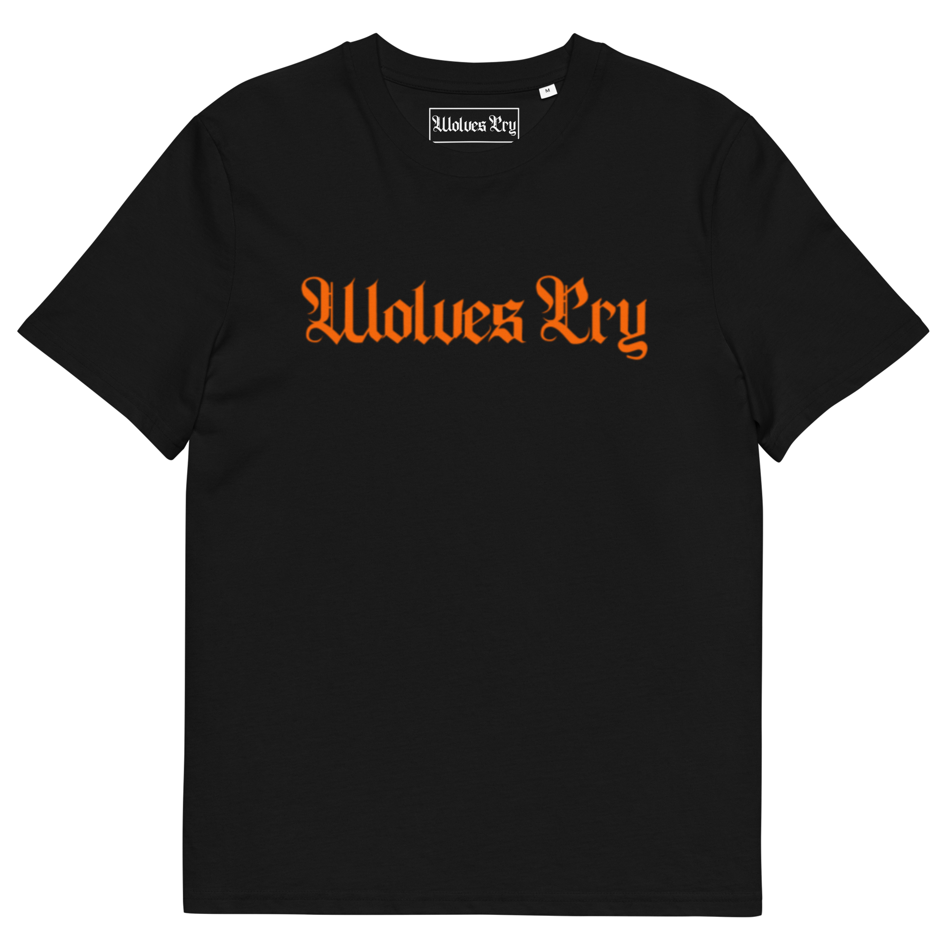 Front mock-up of Wolves Cry Spell-Out Tee in black with orange lettering — bold heritage contrast rooted in street energy.