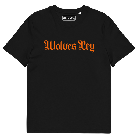 Front mock-up of Wolves Cry Spell-Out Tee in black with orange lettering — bold heritage contrast rooted in street energy.