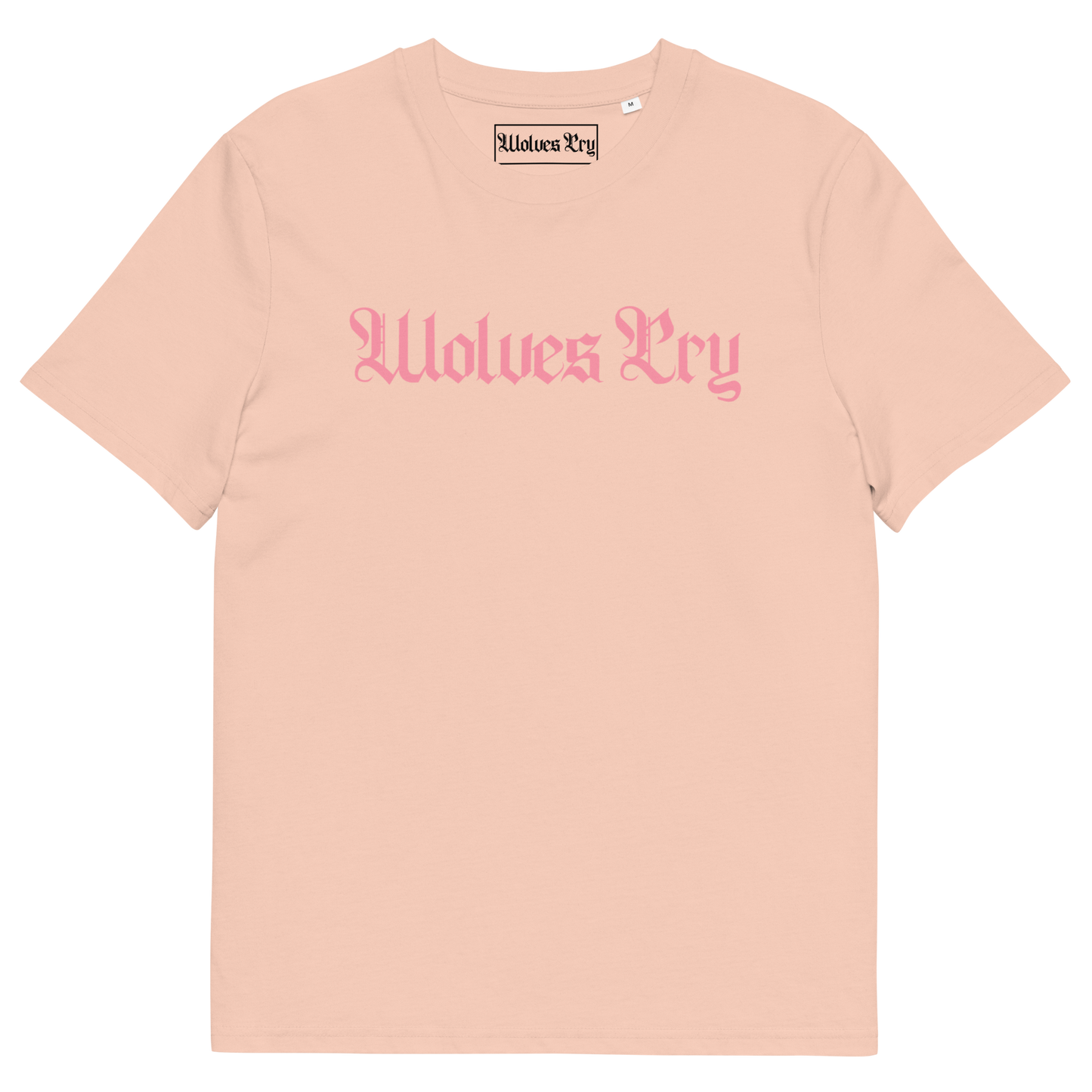 Wolves Cry Spell-Out Tee in double pink — soft tonal play between pastel layers and confident minimalist branding.