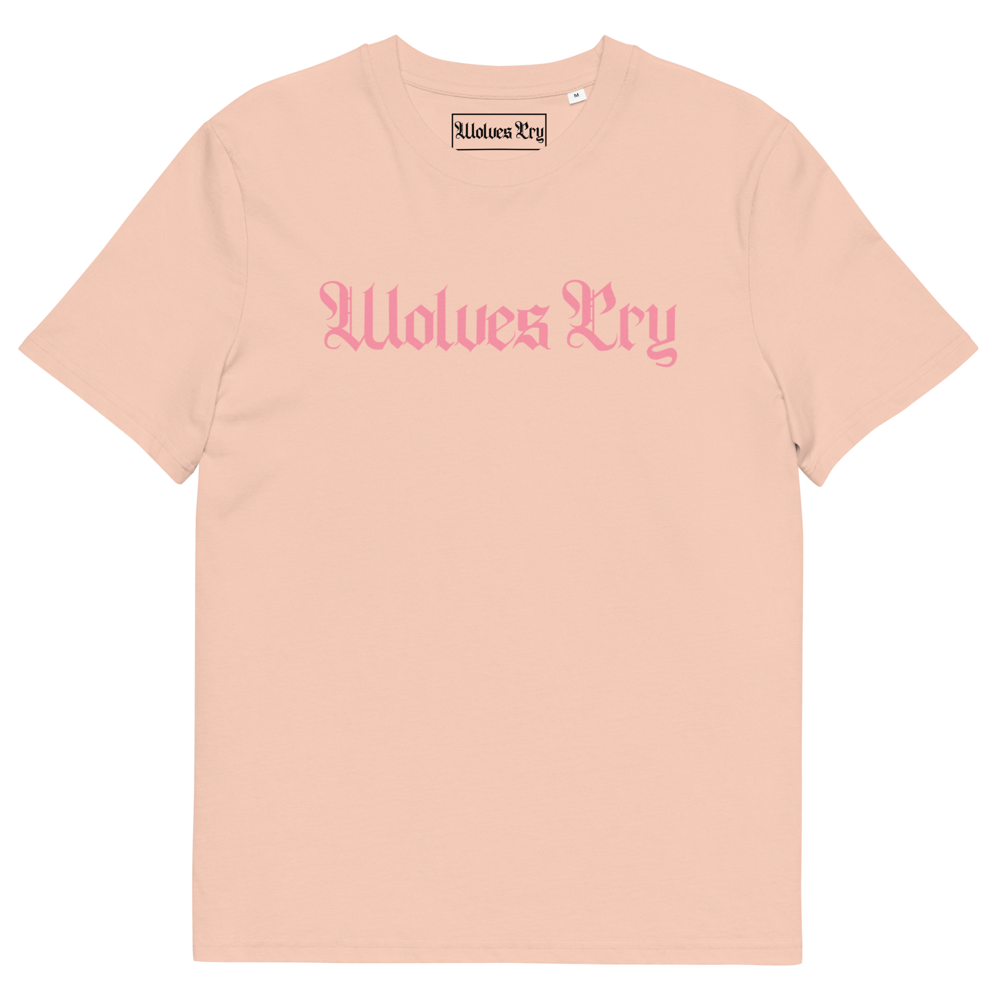 Wolves Cry Spell-Out Tee in double pink — soft tonal play between pastel layers and confident minimalist branding.