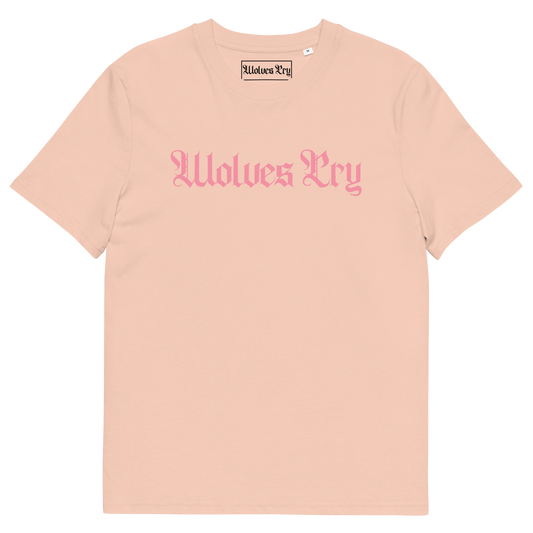 Wolves Cry Spell-Out Tee in double pink — soft tonal play between pastel layers and confident minimalist branding.