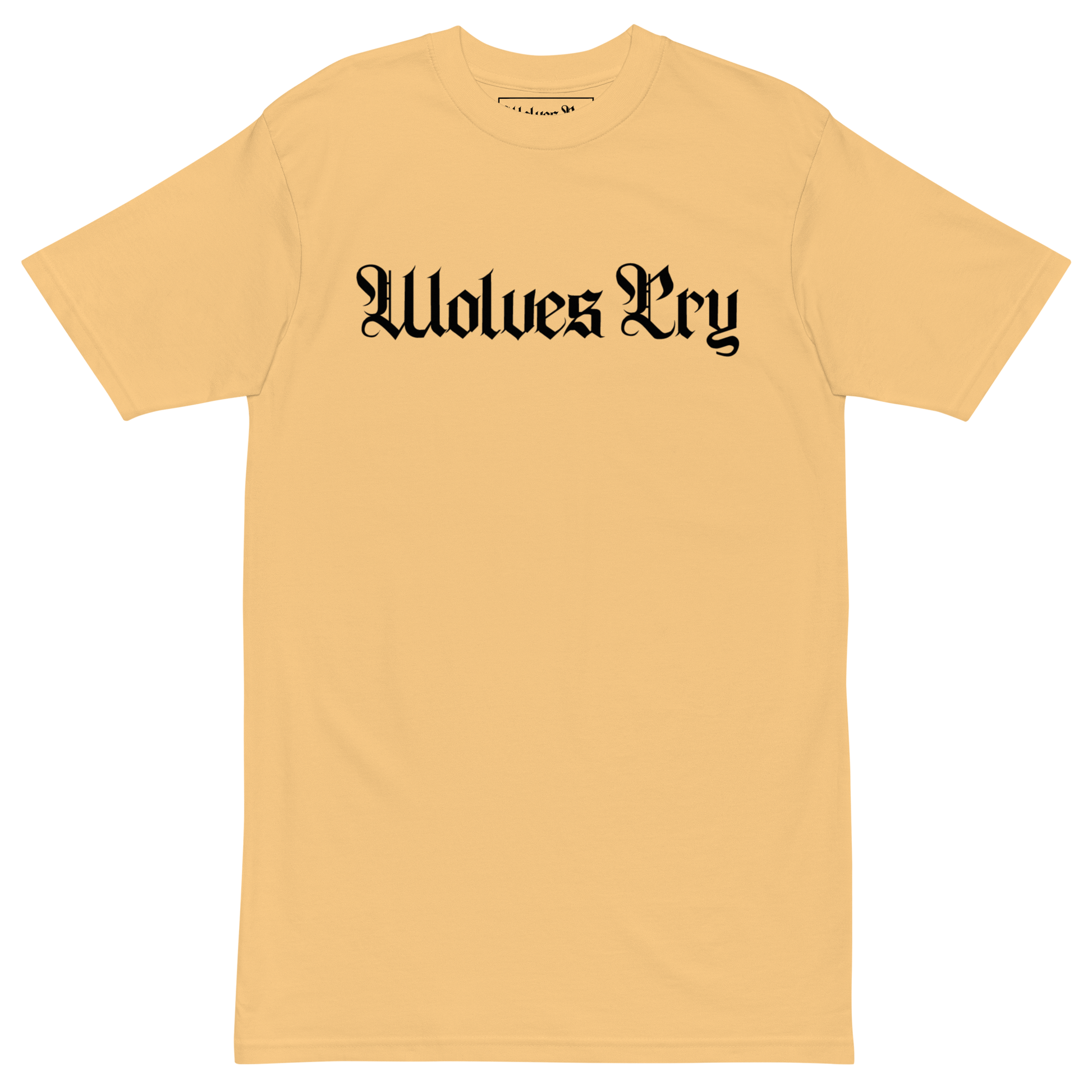 Front mock-up of Wolves Cry Spell-Out Tee in Faded Gold with black gothic spellout logo — everyday statement streetwear with a vintage-wash tone.
