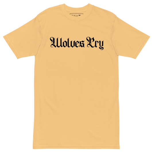 Front mock-up of Wolves Cry Spell-Out Tee in Faded Gold with black gothic spellout logo — everyday statement streetwear with a vintage-wash tone.