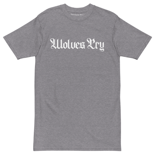 Front mock-up of Wolves Cry Spell-Out Tee in heather grey with white gothic spellout logo — clean, everyday streetwear with timeless tone.