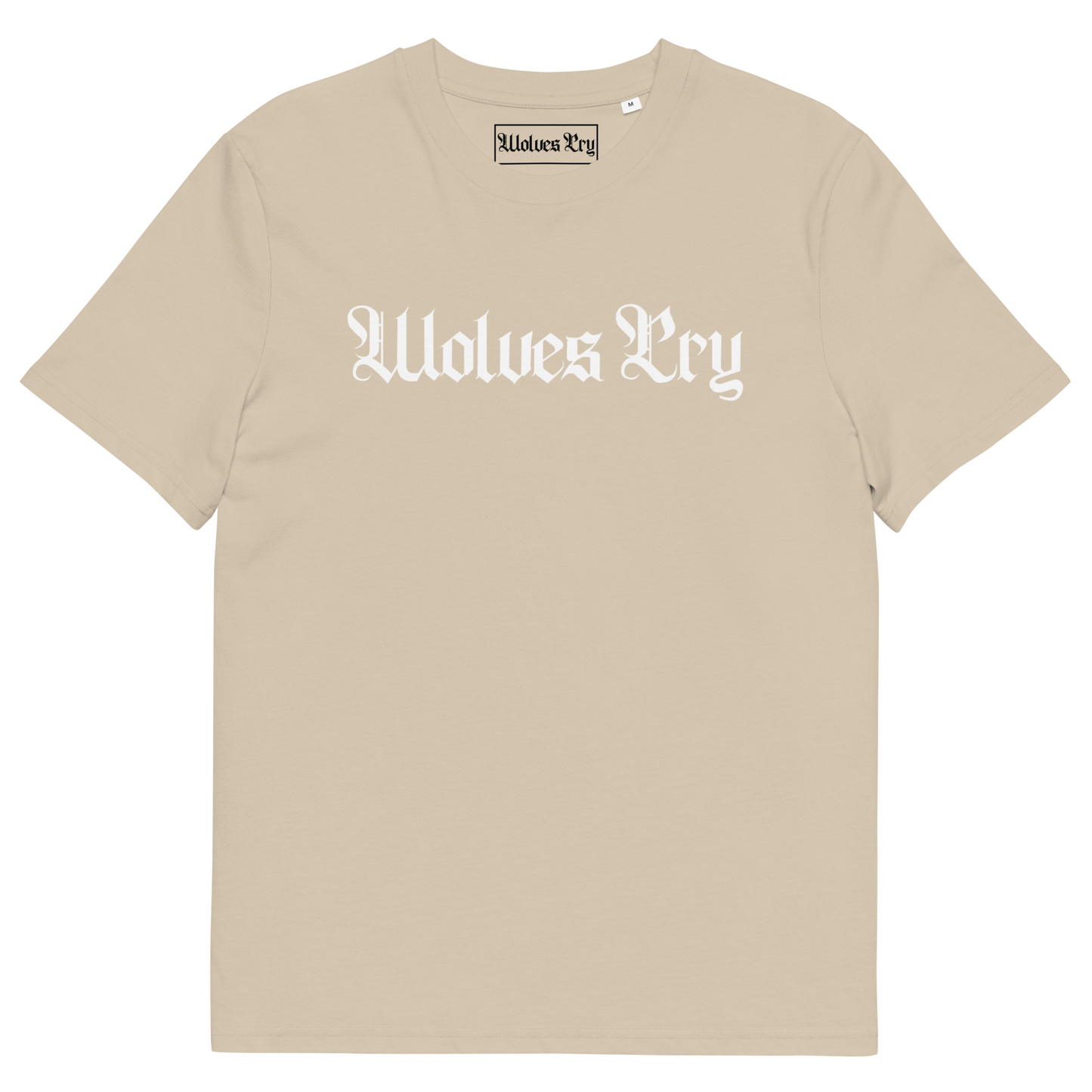 Wolves Cry Spell-Out Tee in khaki — grounded neutral tone balancing military inspiration with Wolves Cry minimalism.