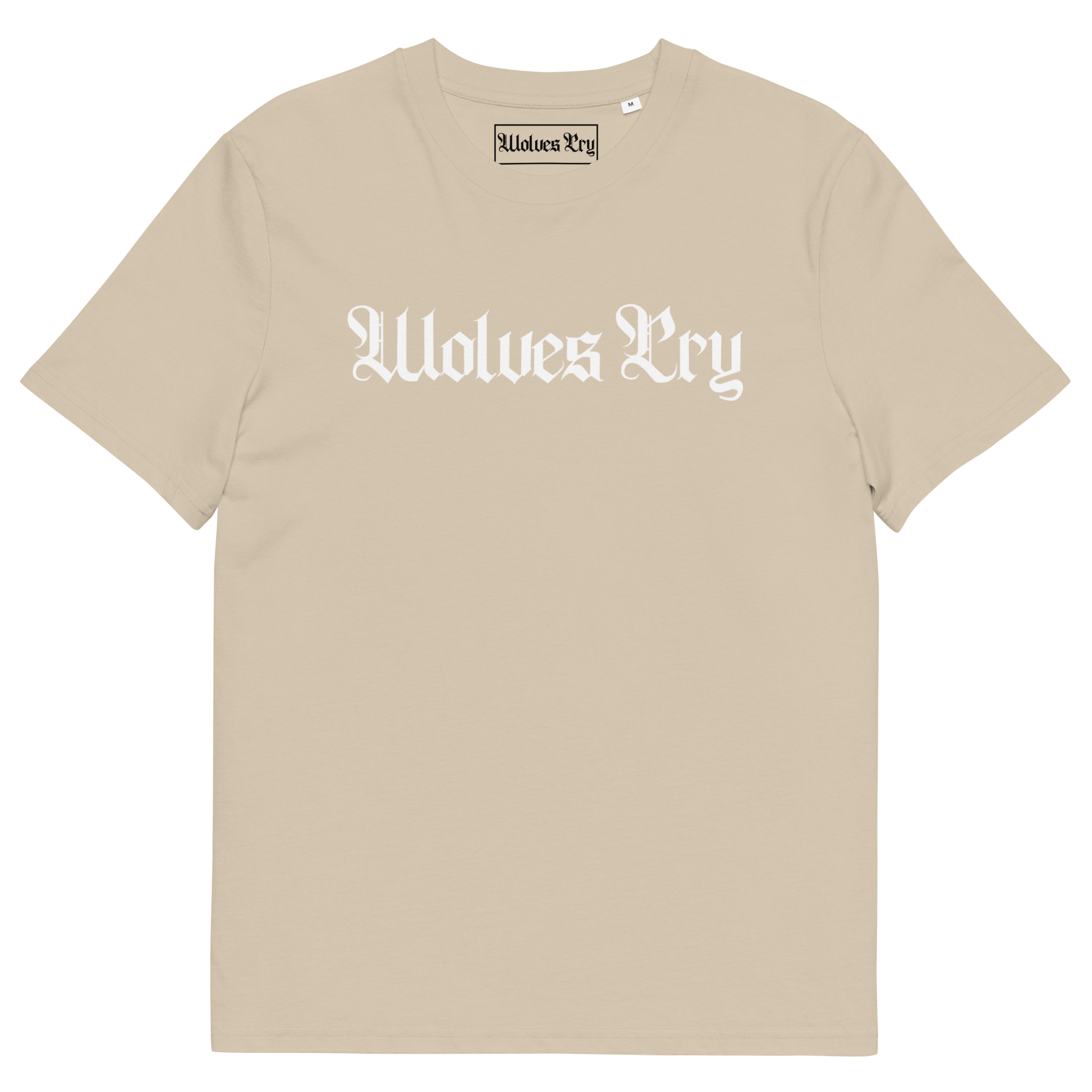 Wolves Cry Spell-Out Tee in khaki — grounded neutral tone balancing military inspiration with Wolves Cry minimalism.
