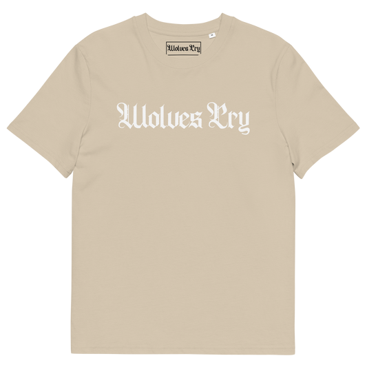 Wolves Cry Spell-Out Tee in khaki — grounded neutral tone balancing military inspiration with Wolves Cry minimalism.