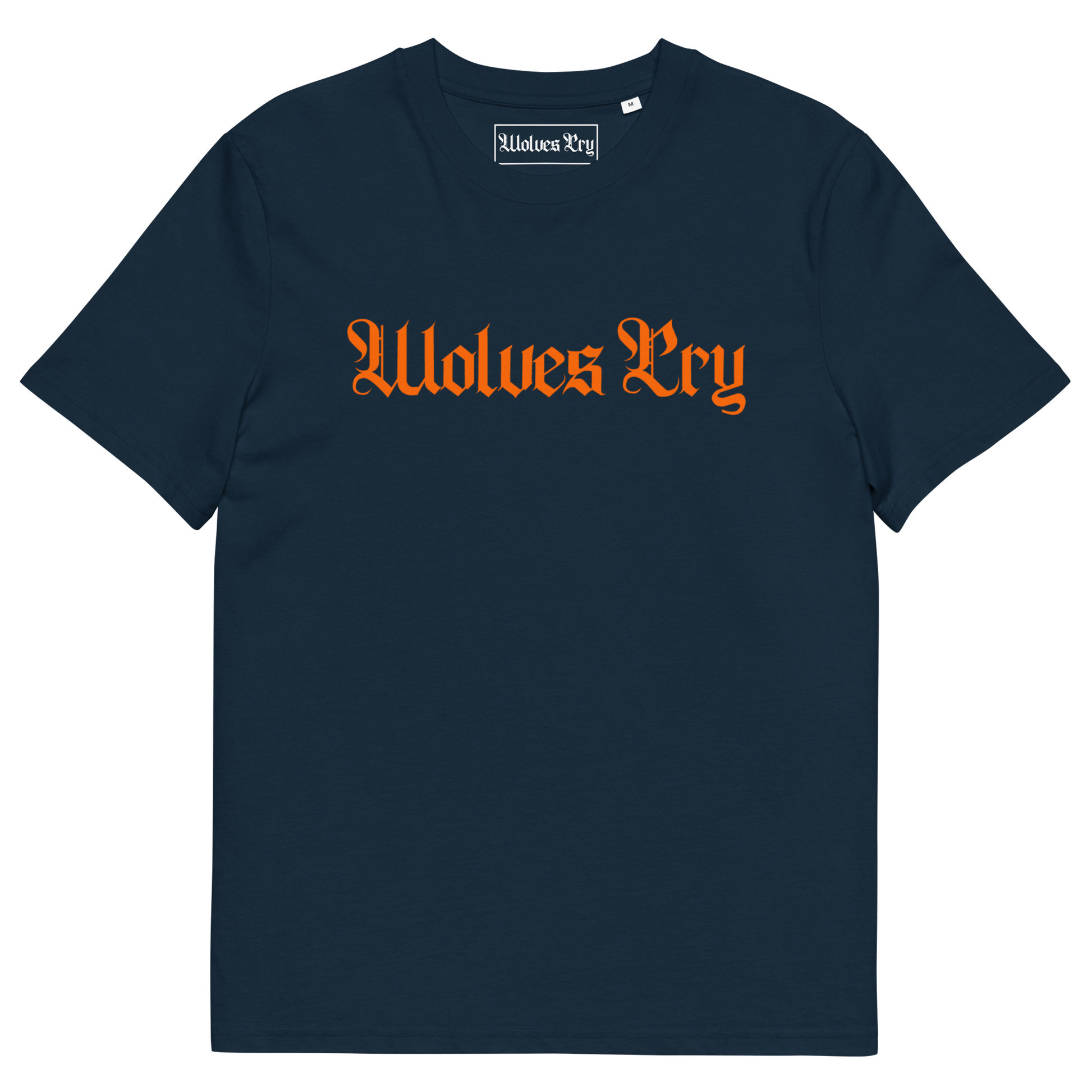 Wolves Cry Spell-Out Tee in navy with orange logo — deep athletic tone inspired by 90s team spirit and Wolves Cry authenticity.