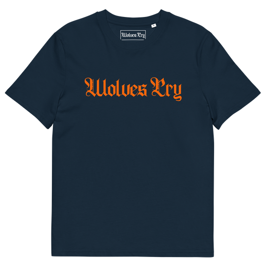Wolves Cry Spell-Out Tee in navy with orange logo — deep athletic tone inspired by 90s team spirit and Wolves Cry authenticity.