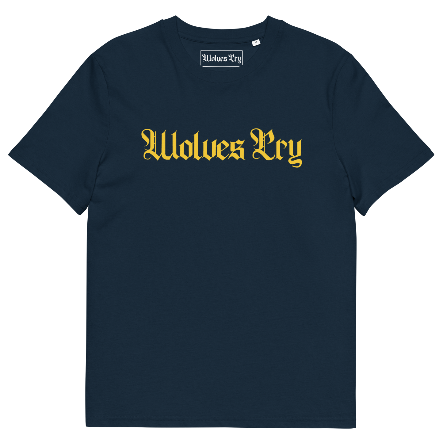 Wolves Cry Spell-Out Tee in navy with yellow lettering — heritage athletics meet modern Wolves Cry street culture.