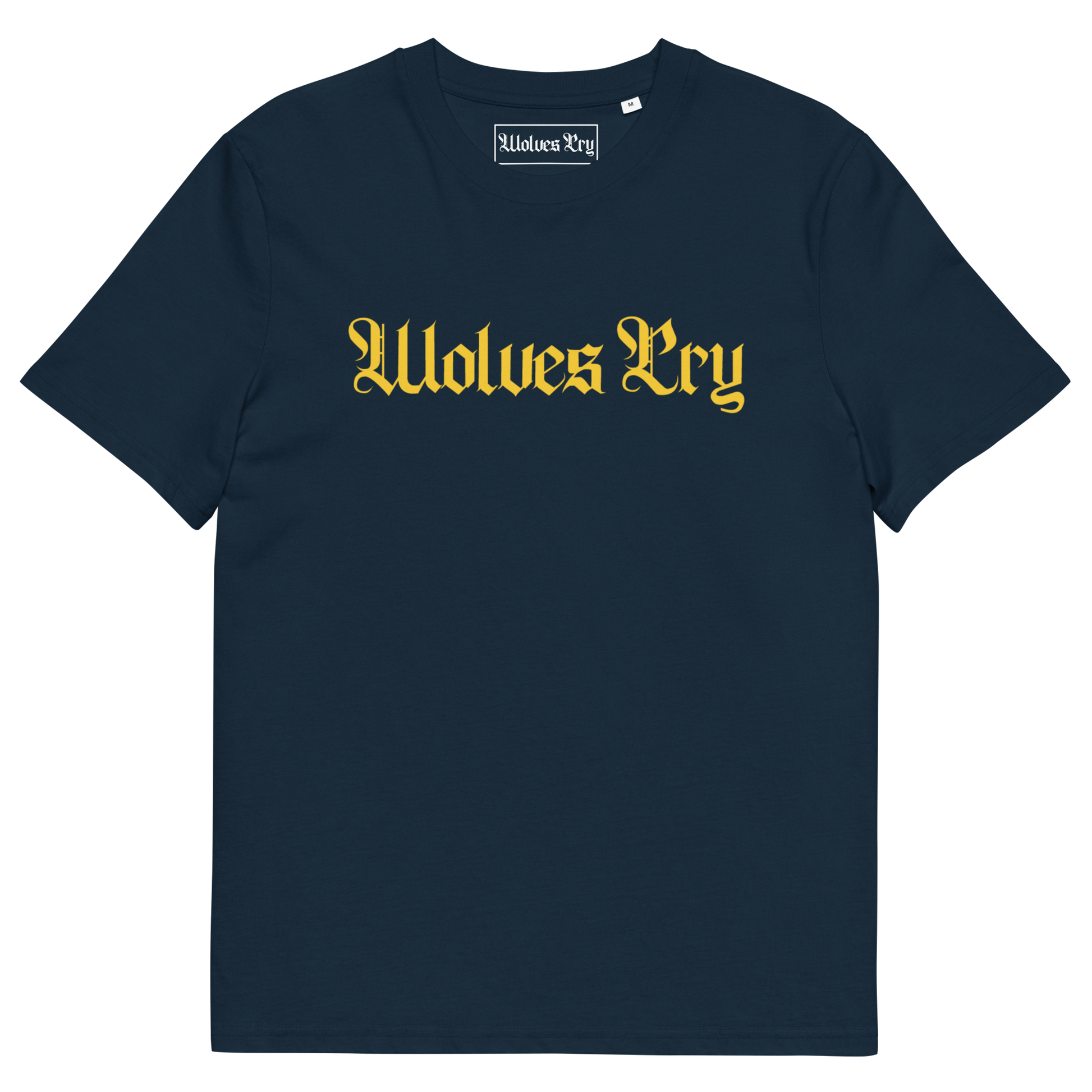 Wolves Cry Spell-Out Tee in navy with yellow lettering — heritage athletics meet modern Wolves Cry street culture.