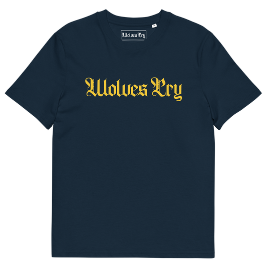 Wolves Cry Spell-Out Tee in navy with yellow lettering — heritage athletics meet modern Wolves Cry street culture.