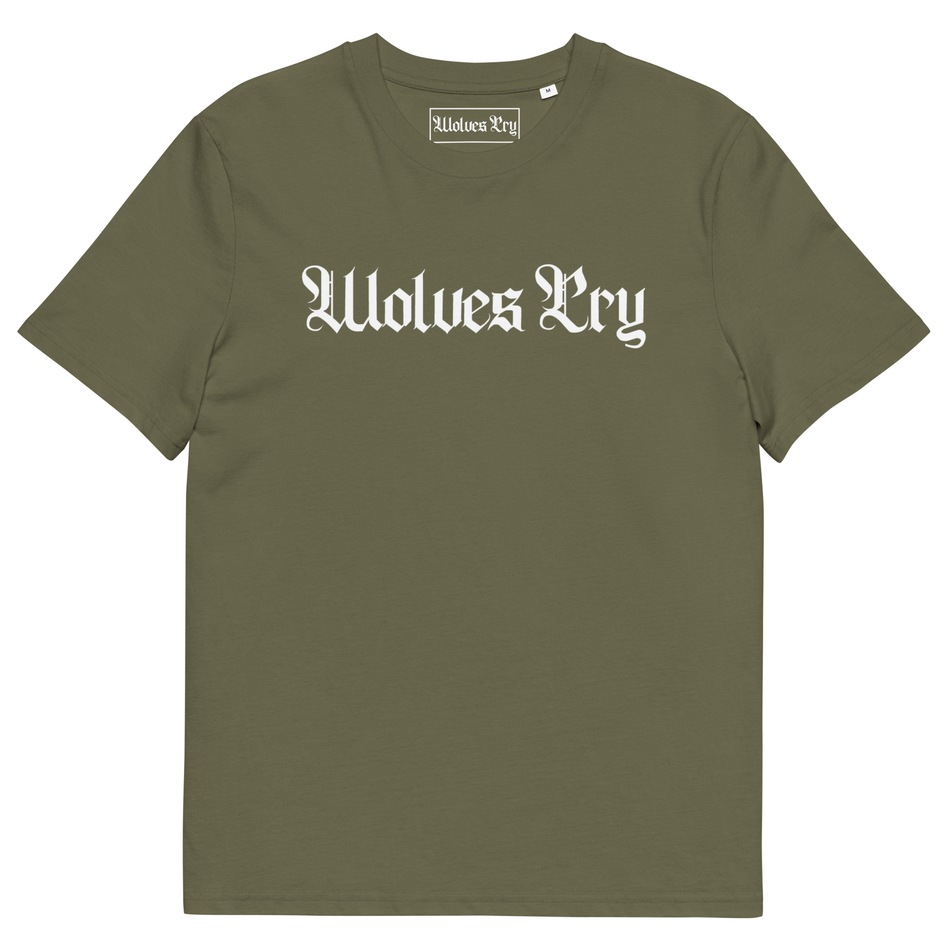 Wolves Cry Spell-Out Tee in olive — earth-driven tone with clean branding for effortless everyday wear.