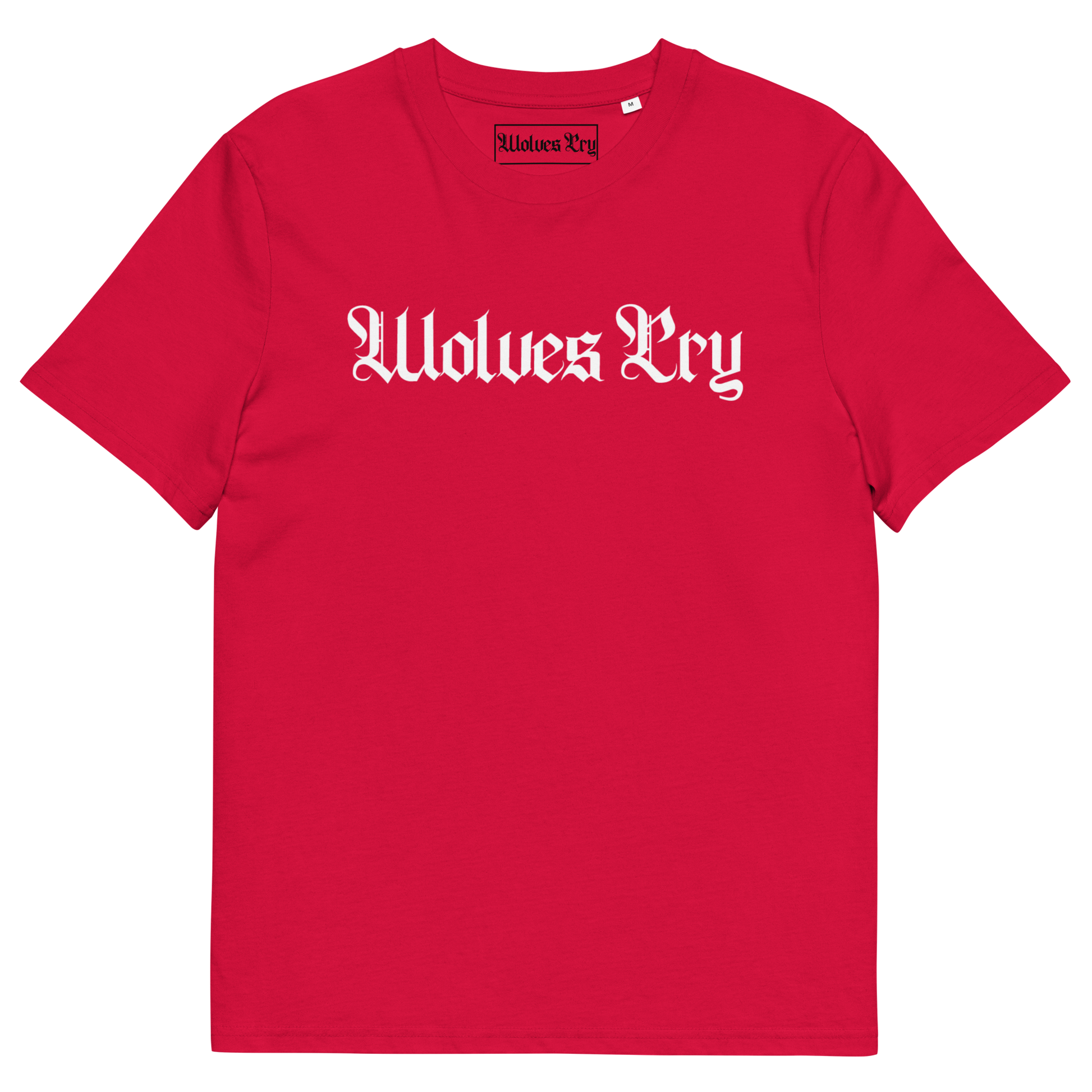Wolves Cry Spell-Out Tee in red with white lettering — clean contrast that channels timeless athletic spirit and Wolves Cry authenticity.