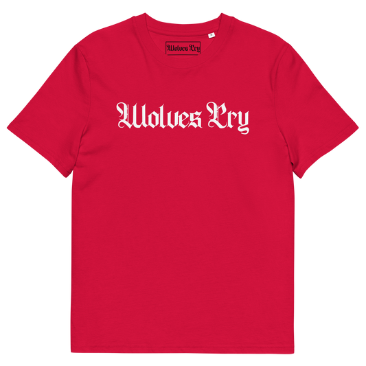 Wolves Cry Spell-Out Tee in red with white lettering — clean contrast that channels timeless athletic spirit and Wolves Cry authenticity.