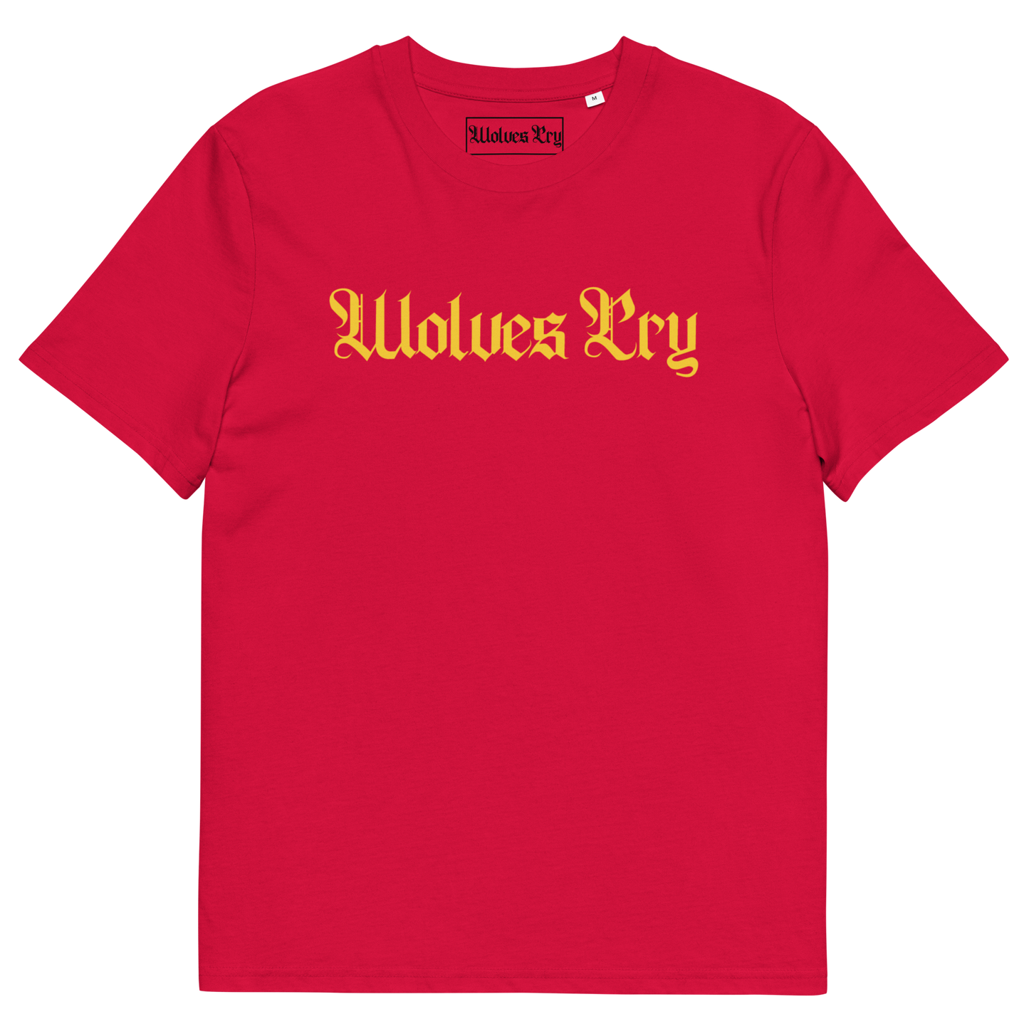 Wolves Cry Spell-Out Tee in red with yellow logo — classic statement energy for everyday rebellion and heat.