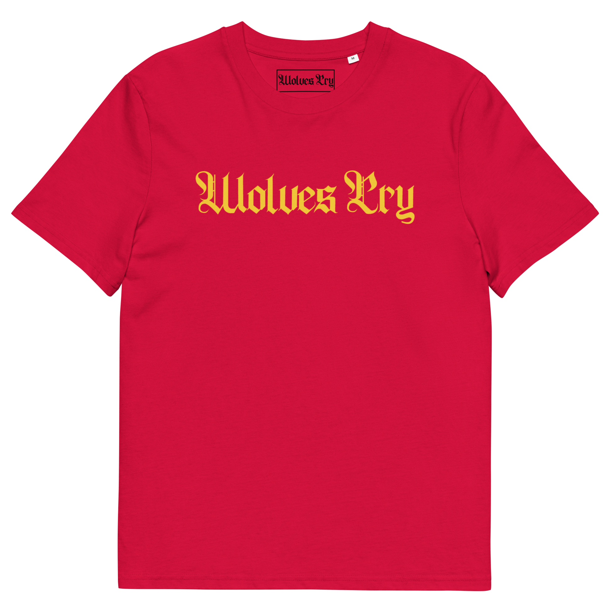 Wolves Cry Spell-Out Tee in red with yellow logo — classic statement energy for everyday rebellion and heat.