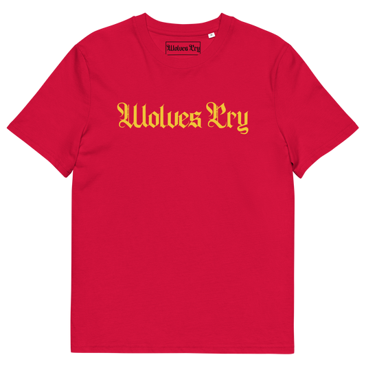 Wolves Cry Spell-Out Tee in red with yellow logo — classic statement energy for everyday rebellion and heat.